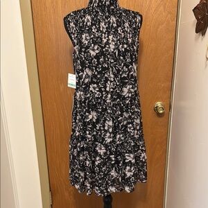 Sz8P Taylor chiffon sleeveless Black/ivory/tan floral dress. Tiered skirt NWT